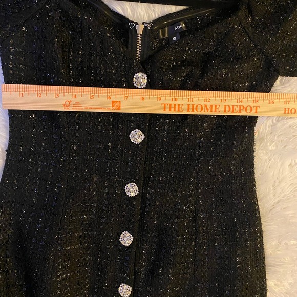 AQUA Black Tweed Mini Dress Off Shoulder Party Cocktail Rhinestone Buttons M - Picture 10 of 16